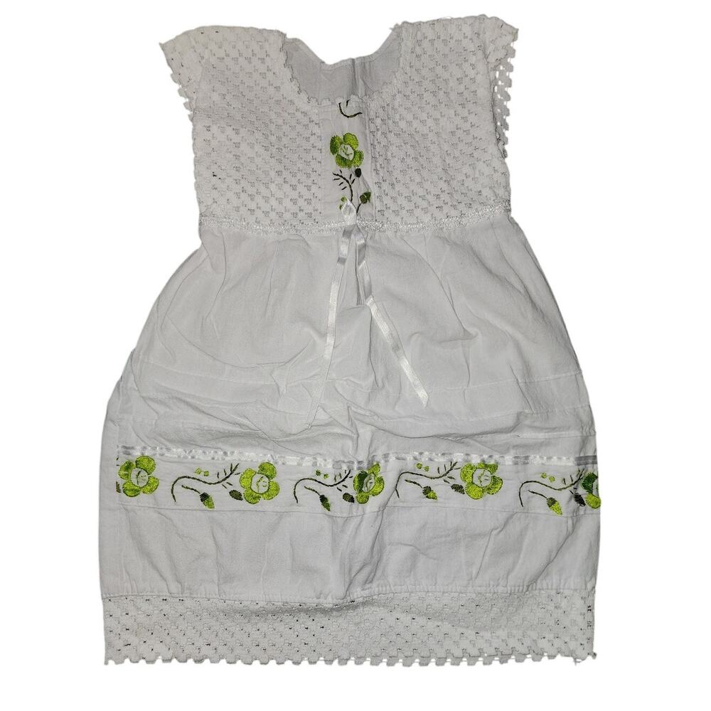 Beautiful Mexican White Green Floral Embroidered Flowers Girls Dress 5T